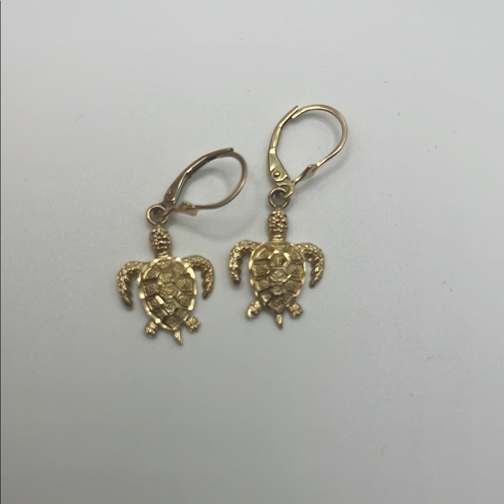 14kt solid Gold lucky turtle Drop Earrings - Picture 5 of 8